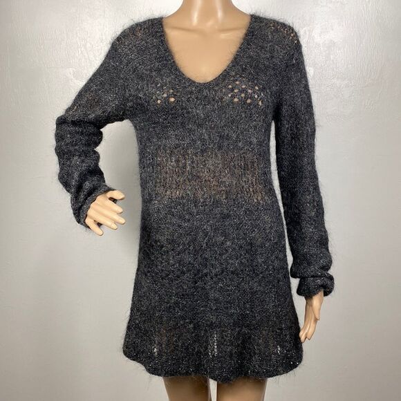 Beautricot Complet Gray Mohair Blend Beaded Open Knit Tunic Sweater Size M - Picture 1 of 10